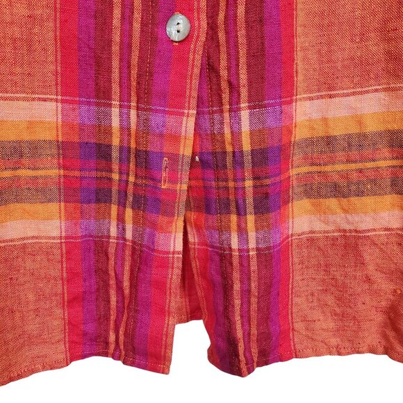 Chicos Design 3 Size XL Shirt Abalone Shell Button Plaid 100% Linen Relaxed Boho - Picture 11 of 11